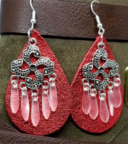 Metallic Red Real Leather Earrings with Silver Chandelier with Glass Bead Dangles
