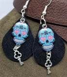 Black Teardrop Suede Leather Earrings with Blue Skull Charms and Silver Key Charm Dangles