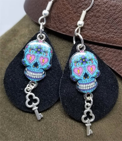Black Teardrop Suede Leather Earrings with Blue Skull Charms and Silver Key Charm Dangles