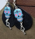 Black Teardrop Suede Leather Earrings with Blue Skull Charms and Silver Key Charm Dangles