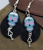 Black Teardrop Suede Leather Earrings with Blue Skull Charms and Silver Key Charm Dangles