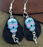 Black Teardrop Suede Leather Earrings with Blue Skull Charms and Silver Key Charm Dangles