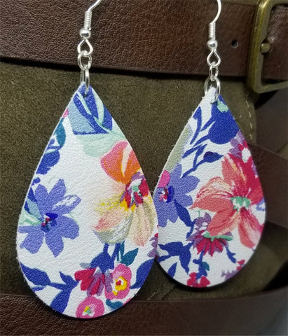 Colorful Flowered Tear Drop Shaped Real Leather Earrings
