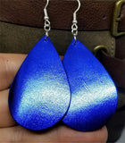 Metallic Dark Blue Tear Drop Shaped Real Leather Earrings