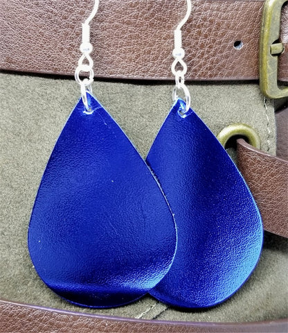 Metallic Dark Blue Tear Drop Shaped Real Leather Earrings