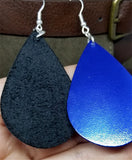 Metallic Dark Blue Tear Drop Shaped Real Leather Earrings