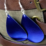 Metallic Dark Blue Tear Drop Shaped Real Leather Earrings