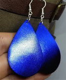 Metallic Dark Blue Tear Drop Shaped Real Leather Earrings