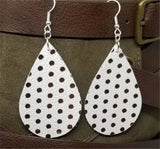 White Teardrop Shaped with Gold Polka Dots Real Leather Earrings