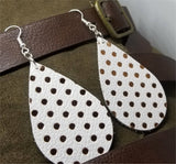White Teardrop Shaped with Gold Polka Dots Real Leather Earrings