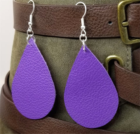 Dark Purple Tear Drop Shaped Real Leather Earrings