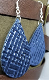 Blue Metallic Embossed with Basket Weave Texture Teardrop Shaped REAL Leather Earrings