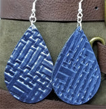 Blue Metallic Embossed with Basket Weave Texture Teardrop Shaped REAL Leather Earrings