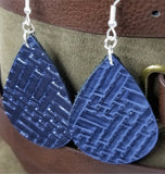 Blue Metallic Embossed with Basket Weave Texture Teardrop Shaped REAL Leather Earrings