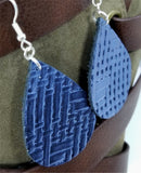 Blue Metallic Embossed with Basket Weave Texture Teardrop Shaped REAL Leather Earrings