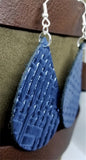 Blue Metallic Embossed with Basket Weave Texture Teardrop Shaped REAL Leather Earrings