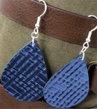 Blue Metallic Embossed with Basket Weave Texture Teardrop Shaped REAL Leather Earrings