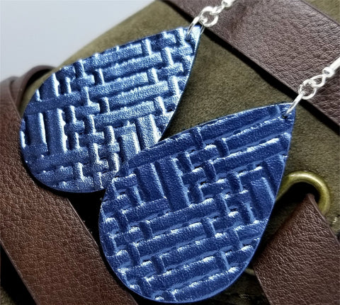 Blue Metallic Embossed with Basket Weave Texture Teardrop Shaped REAL Leather Earrings
