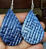 Blue Metallic Embossed with Basket Weave Texture Teardrop Shaped REAL Leather Earrings