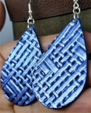 Blue Metallic Embossed with Basket Weave Texture Teardrop Shaped REAL Leather Earrings