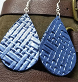 Blue Metallic Embossed with Basket Weave Texture Teardrop Shaped REAL Leather Earrings