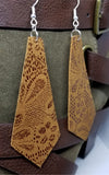 Tie Shaped Brown Real Leather Earrings with a Flowered Lace Pattern