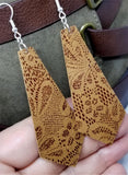 Tie Shaped Brown Real Leather Earrings with a Flowered Lace Pattern