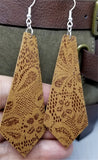 Tie Shaped Brown Real Leather Earrings with a Flowered Lace Pattern