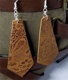 Tie Shaped Brown Real Leather Earrings with a Flowered Lace Pattern