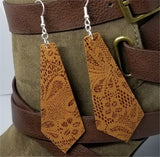 Tie Shaped Brown Real Leather Earrings with a Flowered Lace Pattern