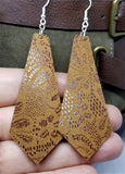 Tie Shaped Brown Real Leather Earrings with a Flowered Lace Pattern