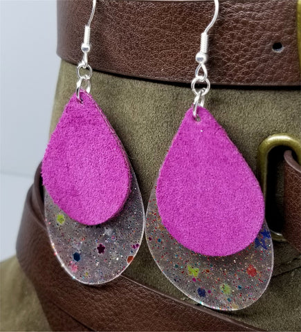 Fuchsia Suede Teardrops on Top of Glittering Acrylic Teardrop Shaped Earrings