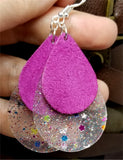 Fuchsia Suede Teardrops on Top of Glittering Acrylic Teardrop Shaped Earrings