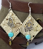 Shiny Metallic Gold Diamond Shaped Real Leather Earrings with Silver Chandelier, Magnesite, and Glass Bead Dangles