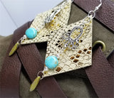 Shiny Metallic Gold Diamond Shaped Real Leather Earrings with Silver Chandelier, Magnesite, and Glass Bead Dangles