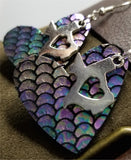 Mermaid Scales Leather Heart Earrings with Silver Texas Charms with Heart Cutouts