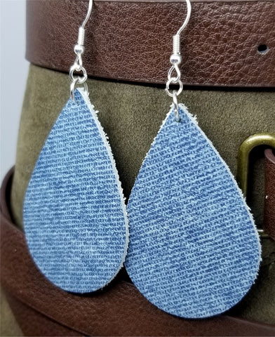 Denim Finish Tear Drop Shaped Real Leather Earrings