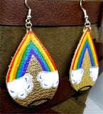 Metallic Gold Teardrop Earrings with Hand Painted Pot of Gold at the End of the Rainbow OOAK