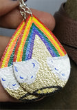 Metallic Gold Teardrop Earrings with Hand Painted Pot of Gold at the End of the Rainbow OOAK