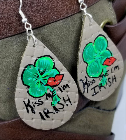 Basket Weave Embossed Real Leather Teardrop Earrings with St. Patrick's day Theme - Kiss Me I'm Irish