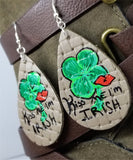 Basket Weave Embossed Real Leather Teardrop Earrings with St. Patrick's day Theme - Kiss Me I'm Irish