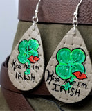 Basket Weave Embossed Real Leather Teardrop Earrings with St. Patrick's day Theme - Kiss Me I'm Irish