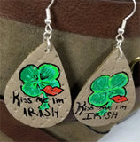 Basket Weave Embossed Real Leather Teardrop Earrings with St. Patrick's day Theme - Kiss Me I'm Irish