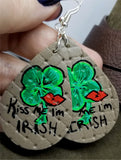 Basket Weave Embossed Real Leather Teardrop Earrings with St. Patrick's day Theme - Kiss Me I'm Irish