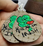 Basket Weave Embossed Real Leather Teardrop Earrings with St. Patrick's day Theme - Kiss Me I'm Irish