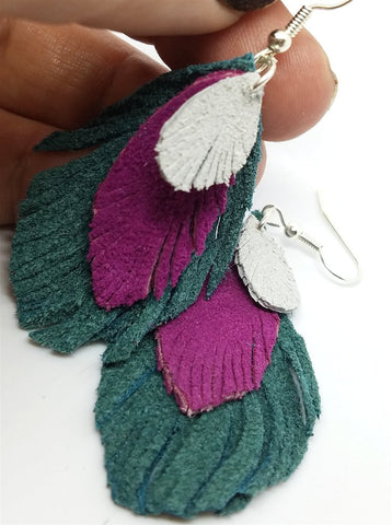 Layered Real Leather Peacock Feather Earrings