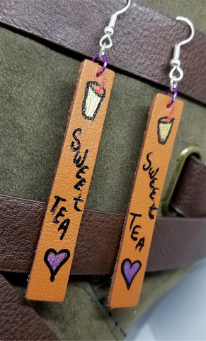 Hand Painted Sweet Tea Themed on Brown Real Leather Strip Earrings