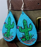 Hand Painted Southwestern Scene on Blue Real Leather Teardrop Earrings