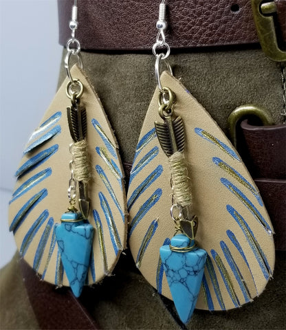 Feathered Real Leather Brown Tear Drop Earrings with Arrow and Arrowhead Drops