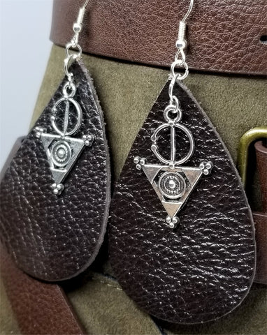 Dark Brown Real Leather Earrings with Circle and Triangle Charms
